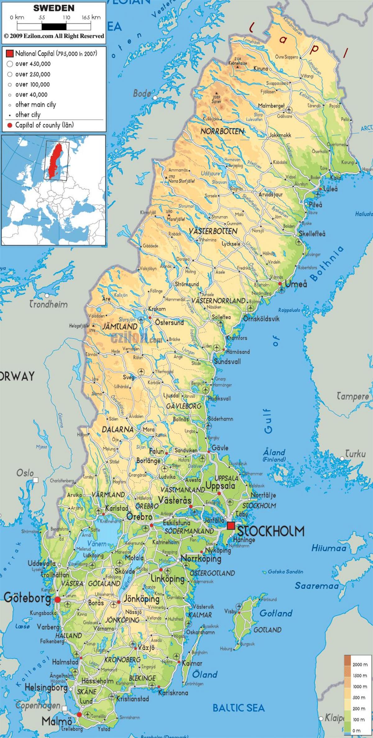 Švedska geografija zemljevid - Geografski zemljevid Švedske (Severna